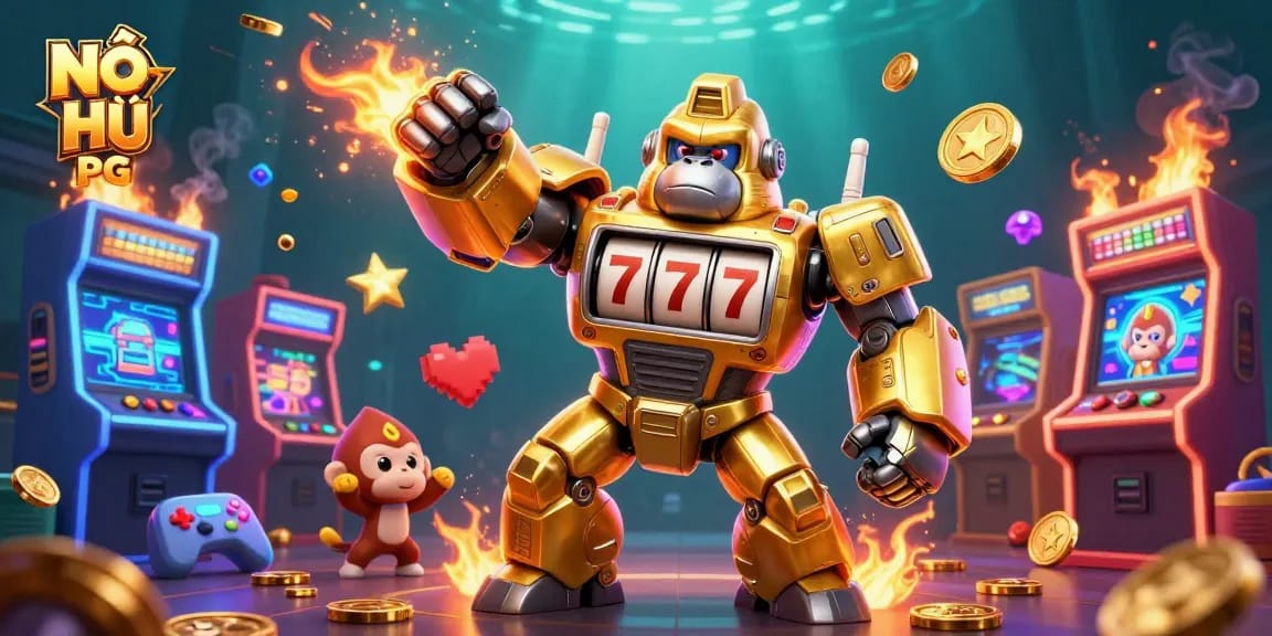 Engage with NỔ HŨ PG, where a golden gorilla mech powers through slot machine fun.