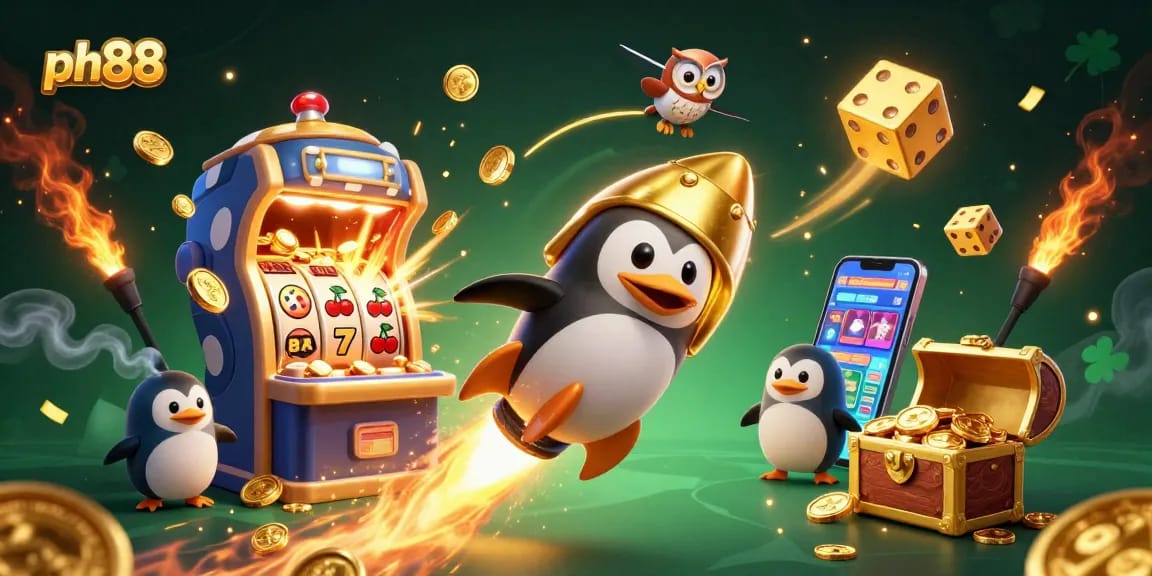 Experience the thrill of ph88 with a golden penguin soaring through a casino space, surrounded by dazzling jackpots.