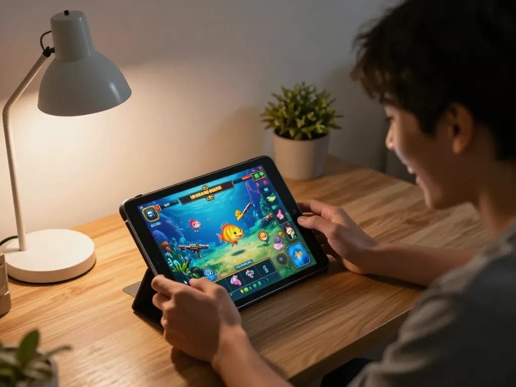Bắn cá đổi thưởng gameplay on a tablet, featuring vibrant graphics and exciting underwater action.