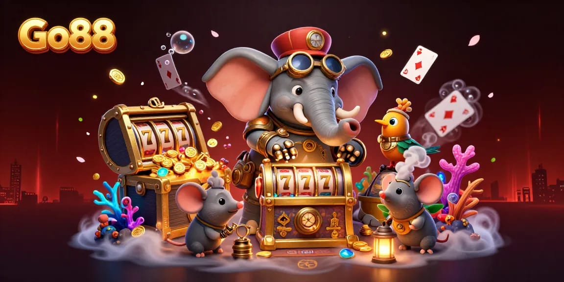 Go88 slot machine scene featuring a steampunk elephant and dynamic casino elements.