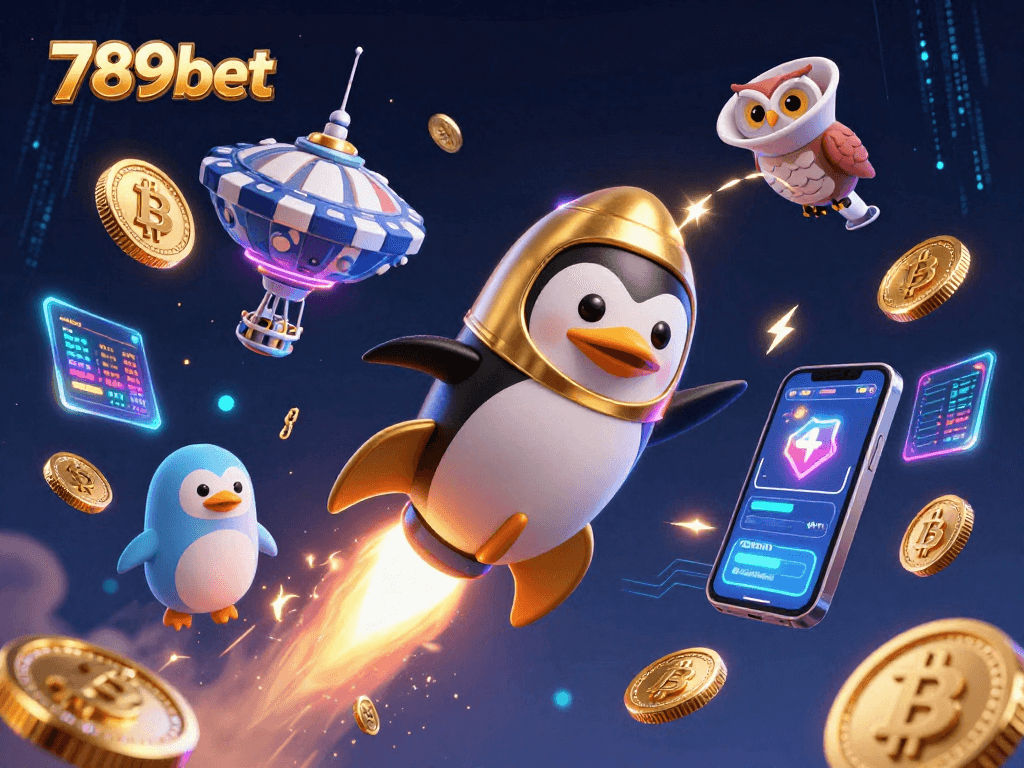Experience thrilling action at 789bet with a golden penguin flying towards a casino chip station!