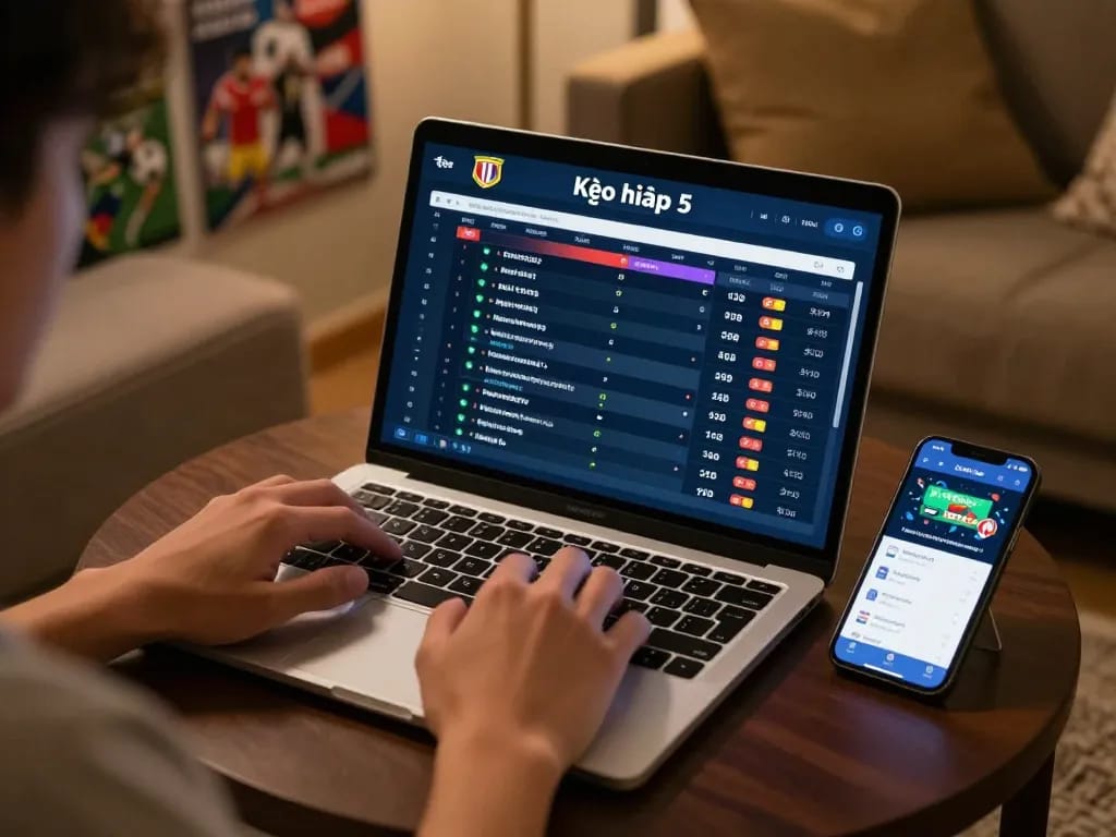 Kèo nhà cái 5 sports betting interface displayed on a laptop, with a person engaged in betting.