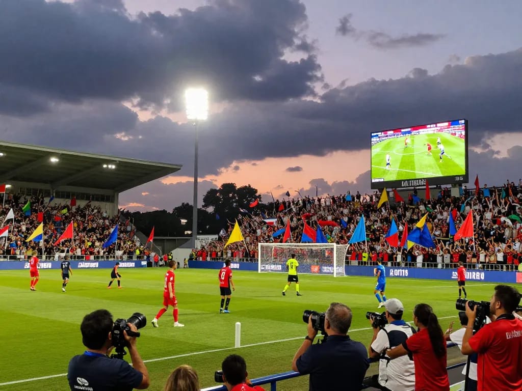 Exciting 7m soccer match scene with passionate fans and intense gameplay.