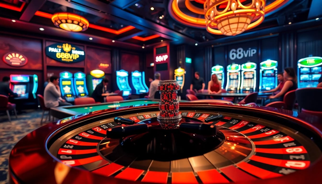 Experience thrilling gaming at 68VIP with roulette and poker in a luxurious casino setting.