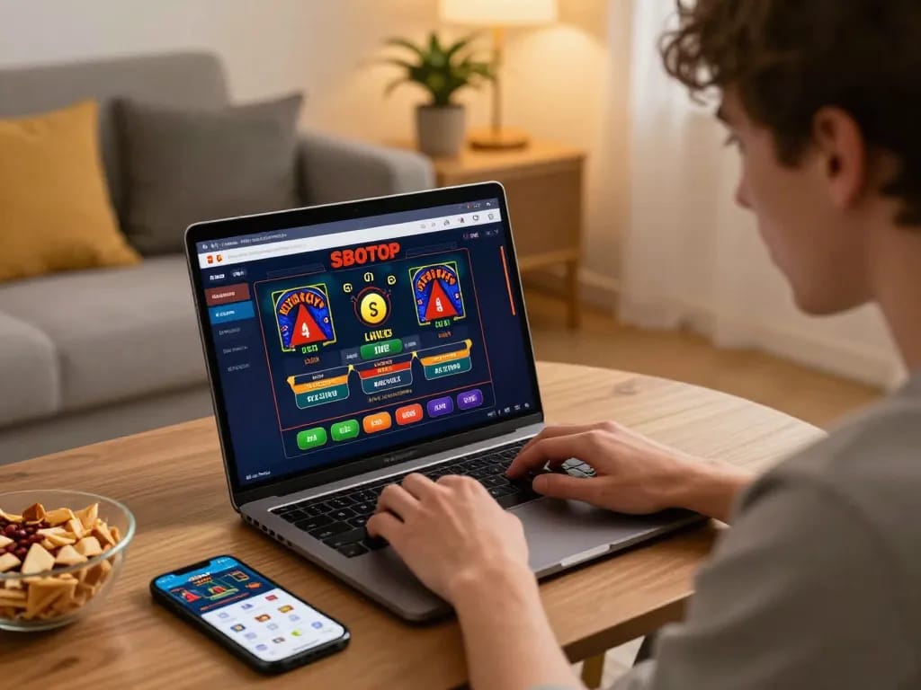 Sbotop online gaming experience at home, person focused on laptop with casino interface illuminated