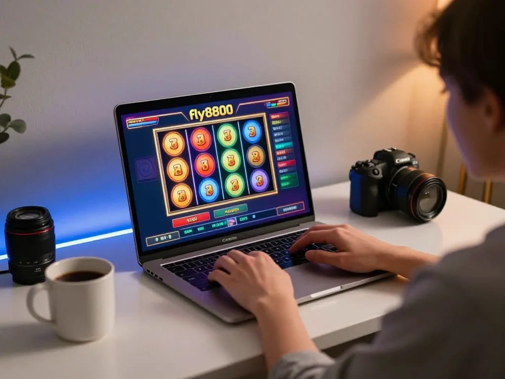 Engaging in fly8800 online casino gaming with vivid slot interface, cozy home atmosphere.