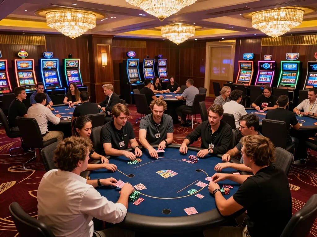 Players engaged at a crowded casino table, experiencing top nhacaiuytinn gaming excitement and strategy.
