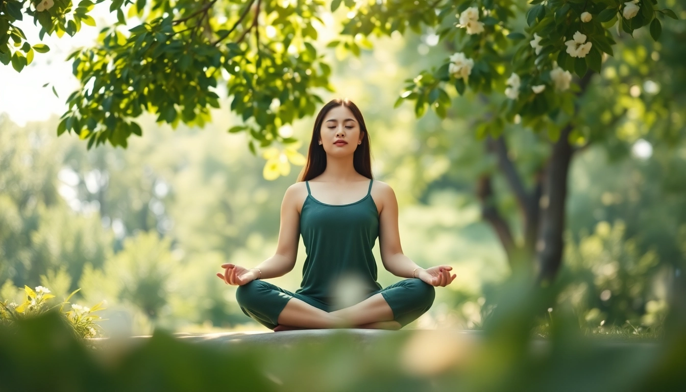 Meditation promotes mental wellness through tranquility and focus in a natural setting.