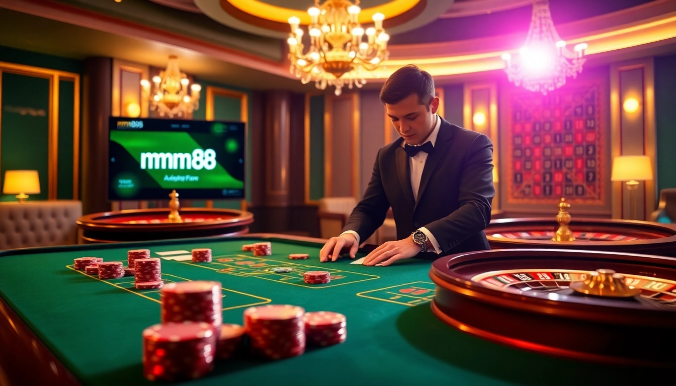 Engaging gameplay at mm88 casino table with vibrant poker chips and roulette wheel.