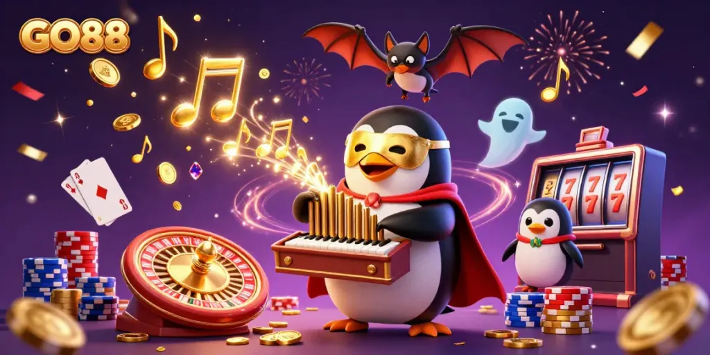 Experience the lively excitement of GO88 with a vibrant 3D casino scene featuring an opera penguin and festive elements.