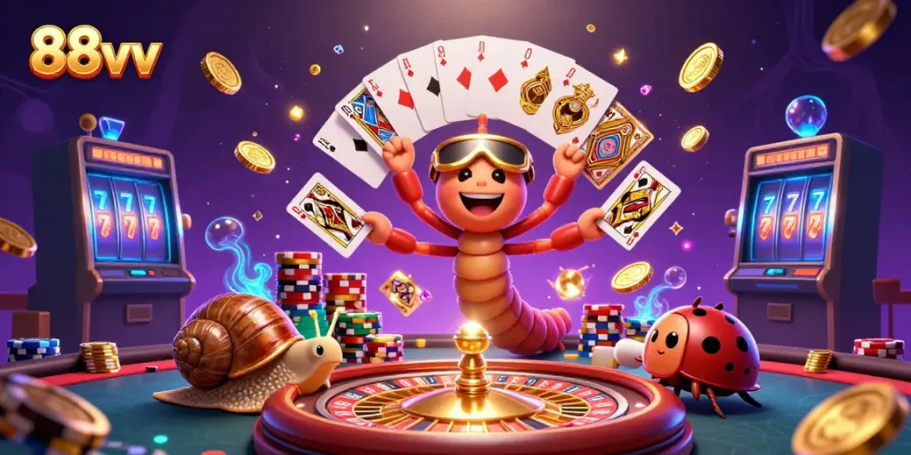 Engage with 88vv casino thrills featuring a whimsical dealer and high-stakes elements.