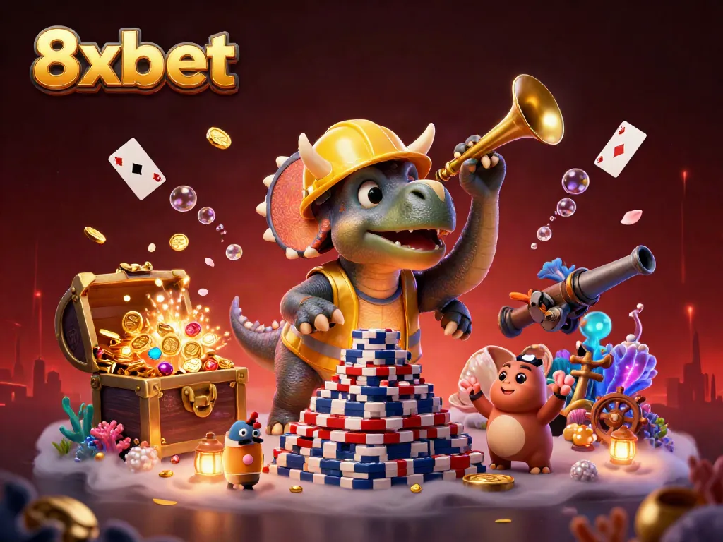 Engage with an exciting 8xbet casino adventure featuring playful dinosaurs in a vibrant setting.