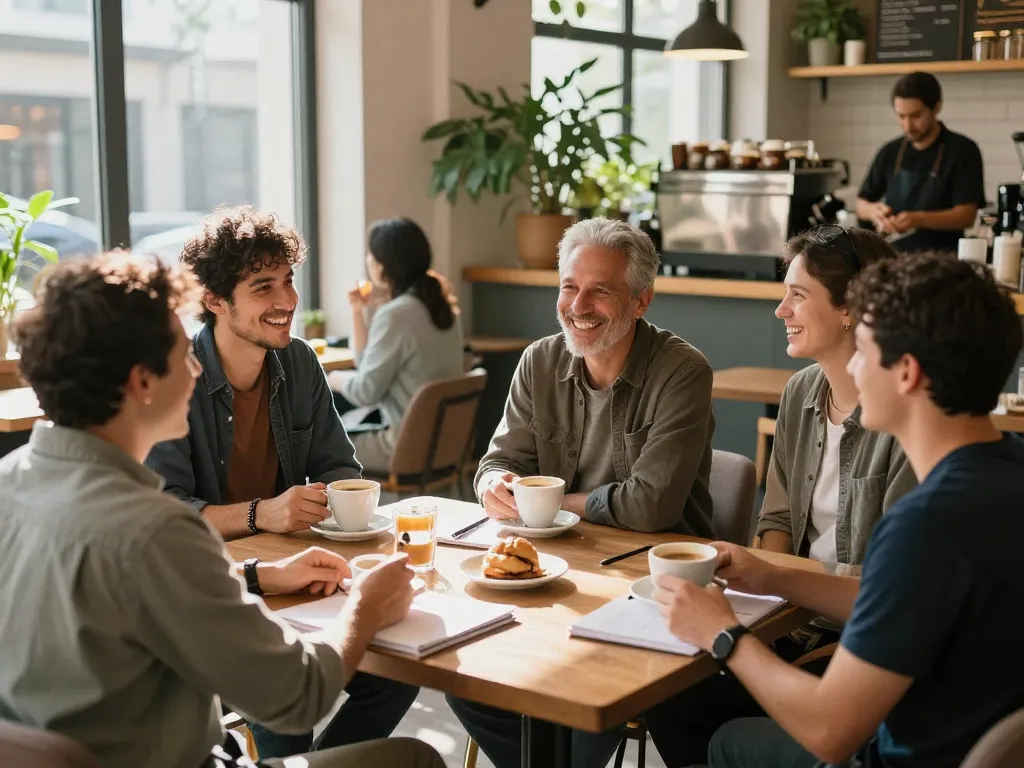 Men engaging in supportive conversations at a manclub event in a cozy café.