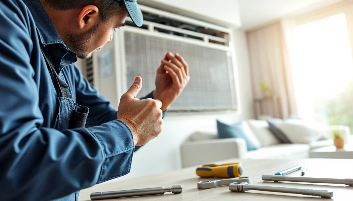 AC Repair Tampa: Experienced technician fixing an air conditioning unit in a cozy home.