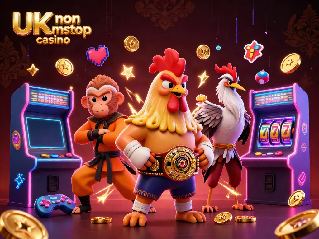 Engaging scene featuring UK non gamstop casino characters, arcade games, and exciting slot elements.