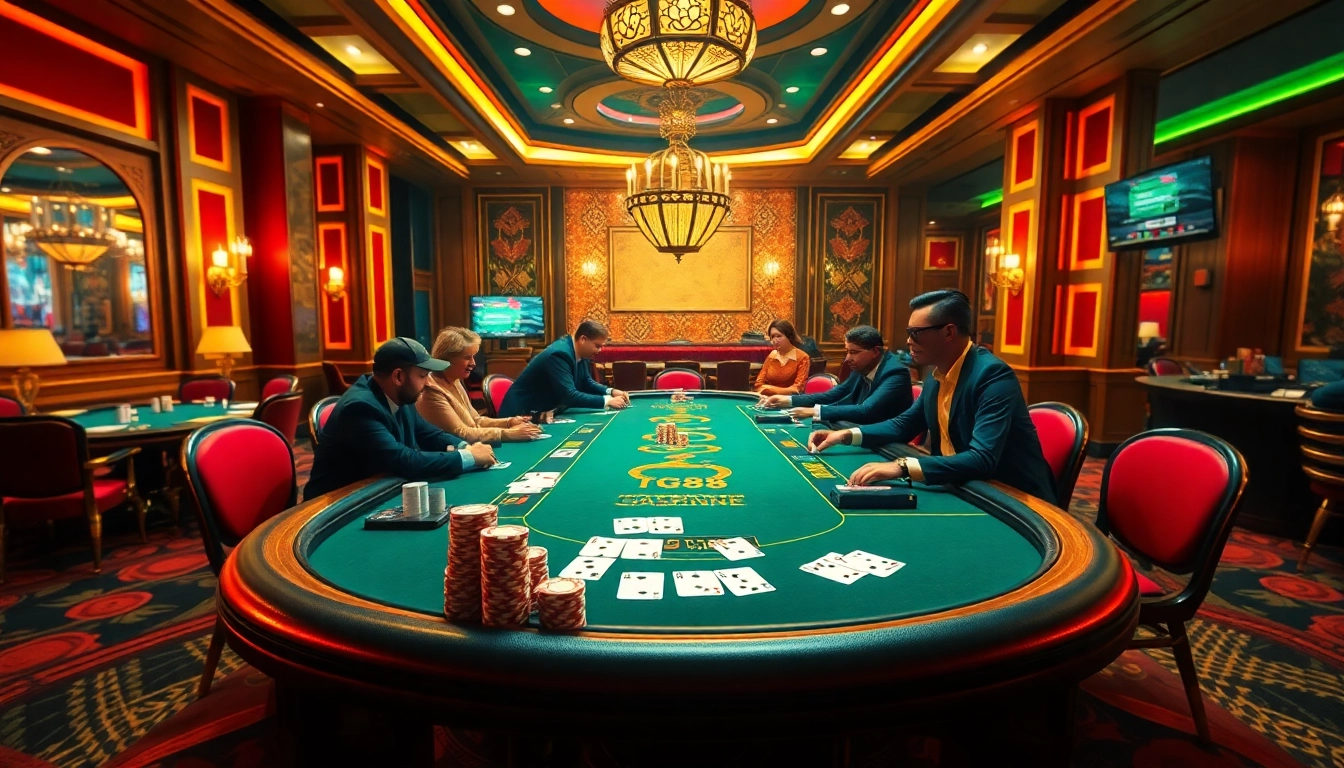 Action-packed scene showcasing TG88 at a poker table with chips and cards during gameplay.