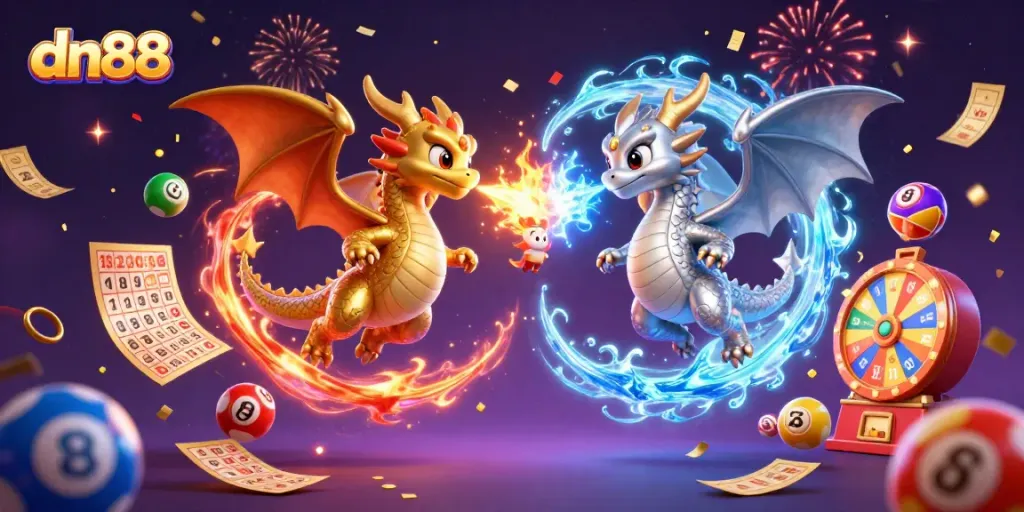Engage with dn88, the thrilling experience of a dynamic casino scene with vibrant dragons and lottery elements.