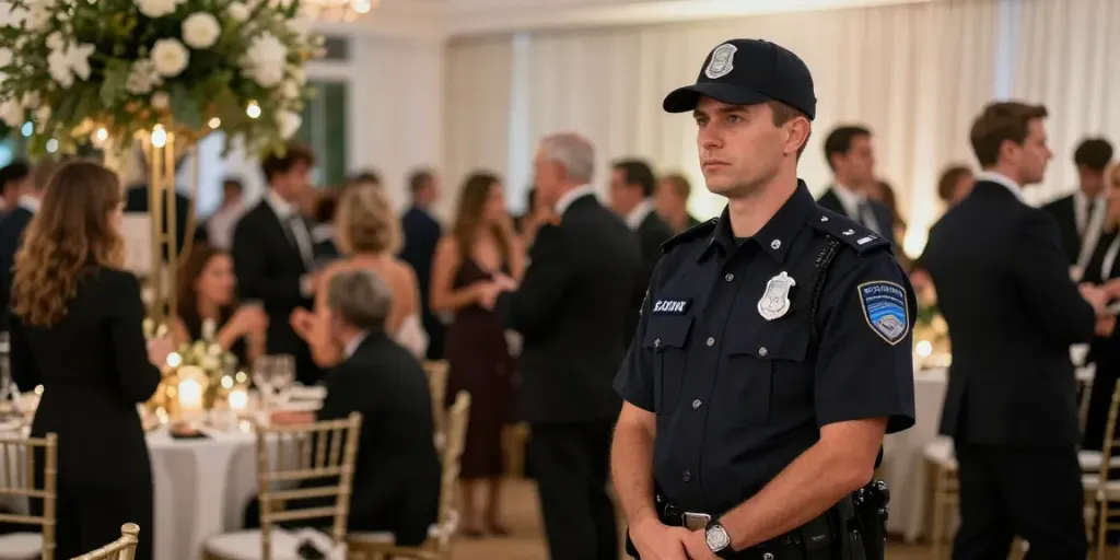Security Guard ensuring safety at upscale event, displaying professionalism and reliability.