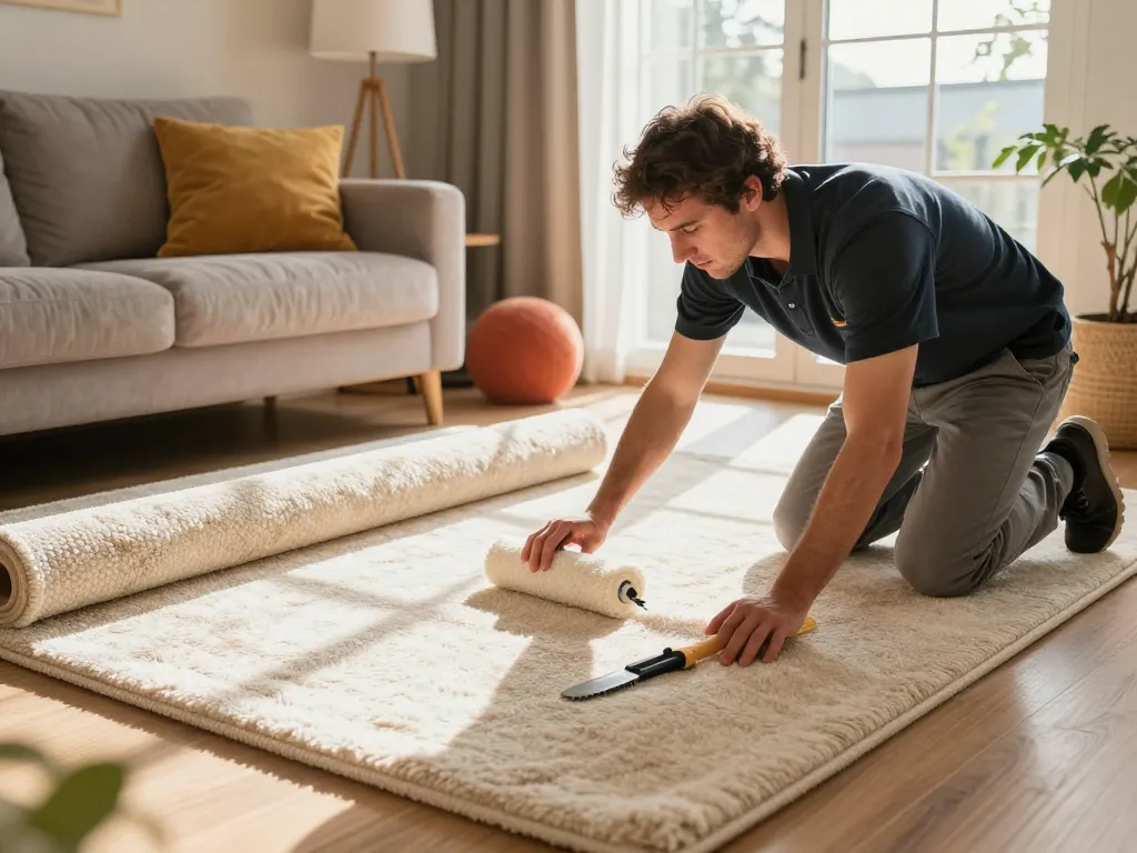 Skilled carpet fitters near me transforming a cozy living room with quality carpet installation.