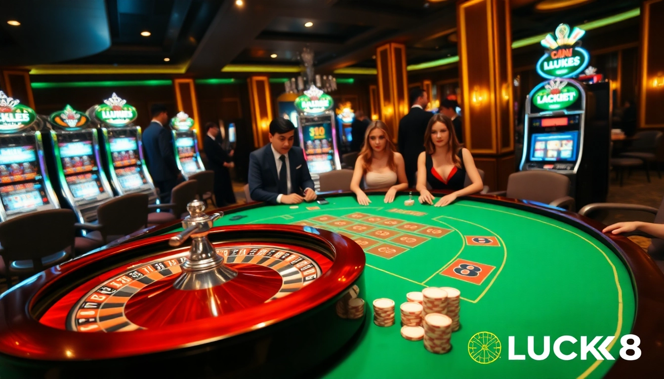Experience the excitement of nhà cái LUCK8 with a vibrant casino scene featuring gaming tables and players.