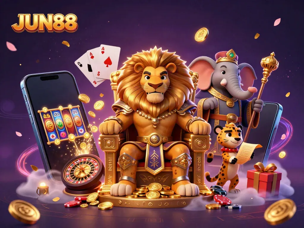 Experience the vibrant world of JUN88 with fierce lion king surrounded by dynamic casino elements.