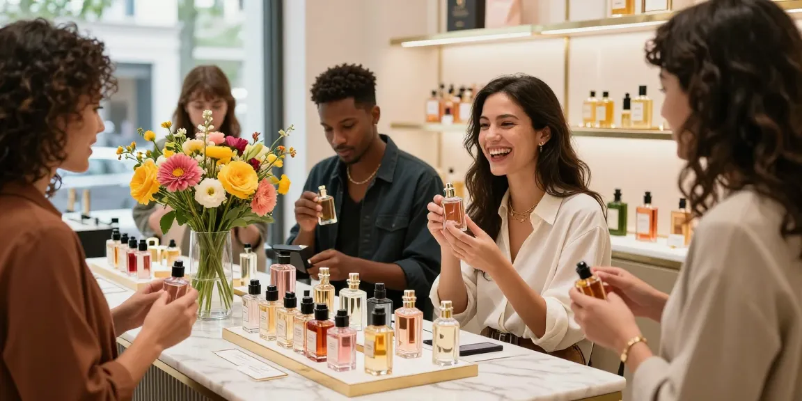 Social scene of diverse individuals enjoying affordable perfumes in a boutique store.