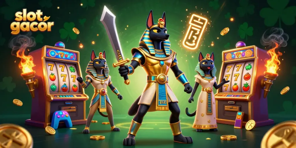 Engage with slot gacor strategies in this vibrant 3D illustration of ancient Egyptian characters and casino themes.