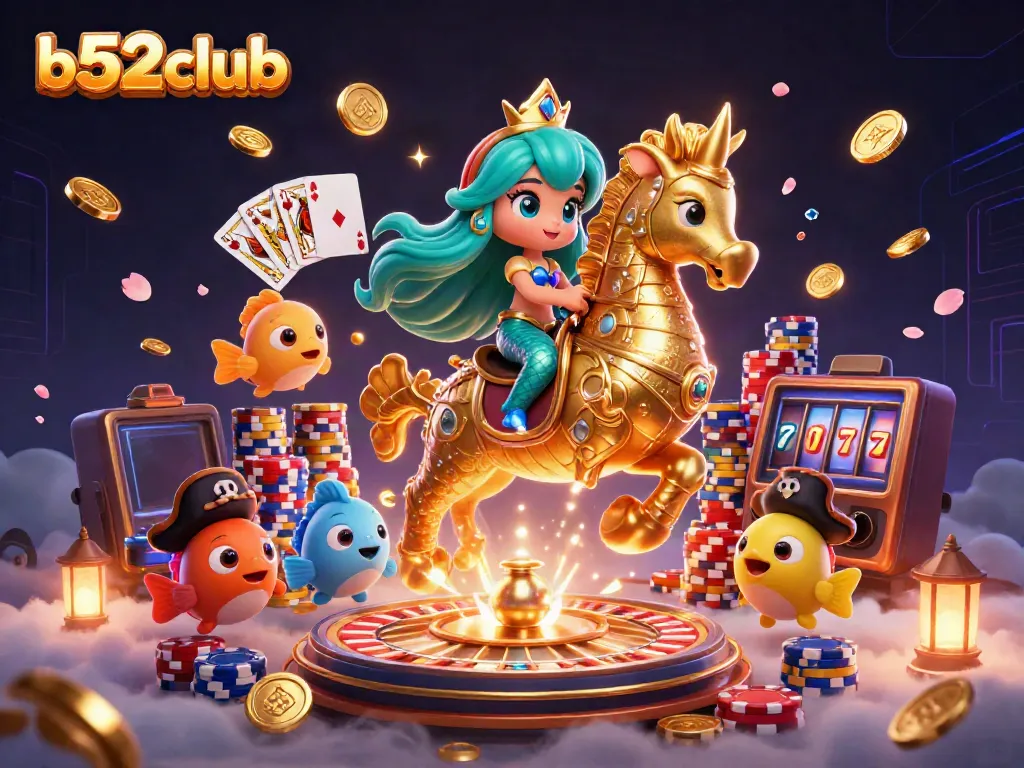 Spin to win with b52club's vibrant casino-themed illustration featuring a mermaid and seahorse!
