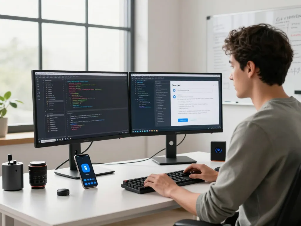 Moltbot personal AI assistant in a tech workspace with a developer coding and managing tasks on dual monitors in a modern office.