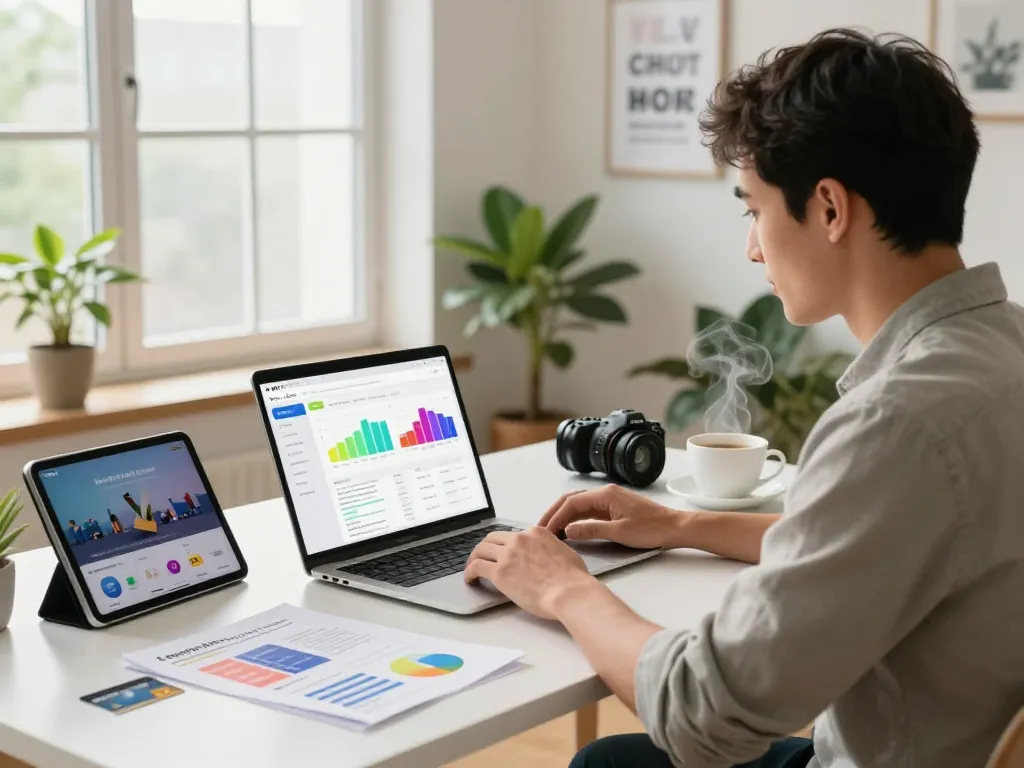 Sky Glass IPTV Reseller Panel dashboard displayed in a modern home office setting, showcasing an effective digital entrepreneurship atmosphere.