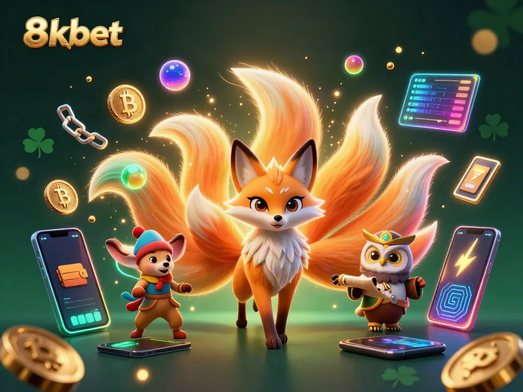 Experience vibrant gaming action at 8xbet with a fantasy-themed illustration featuring mythical characters and cryptocurrency elements.