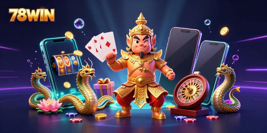 Engage with 78WIN's vibrant casino world featuring detailed characters and immersive slot elements.