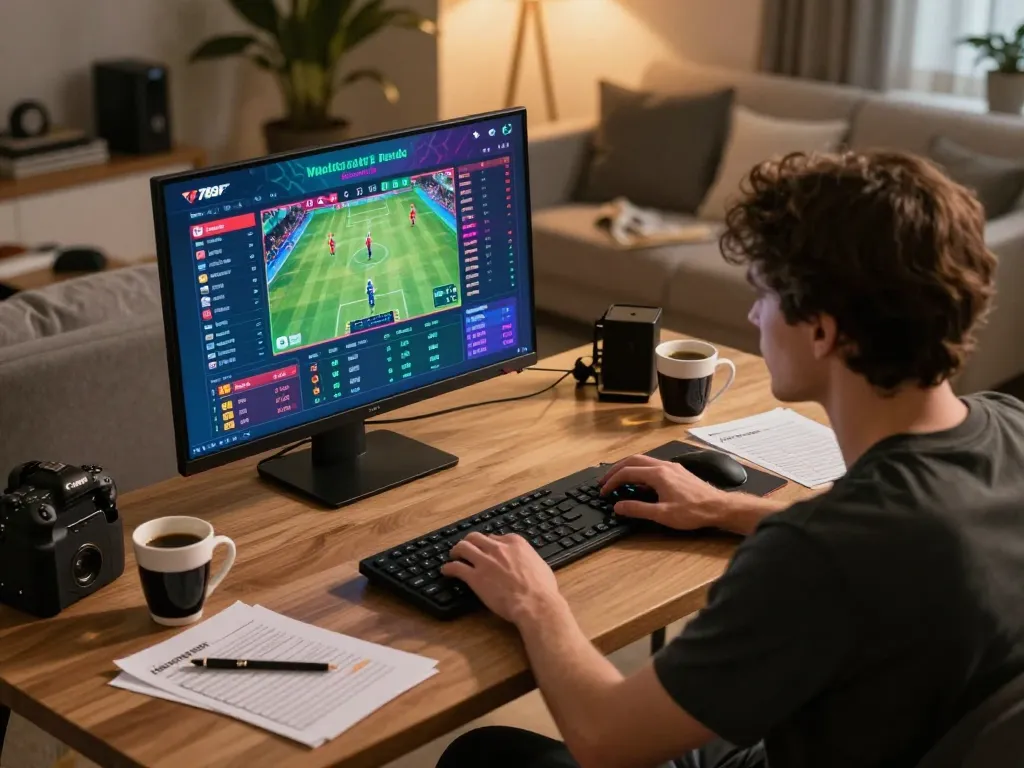 Player placing bets on 789F online sports betting interface in a cozy home setting.
