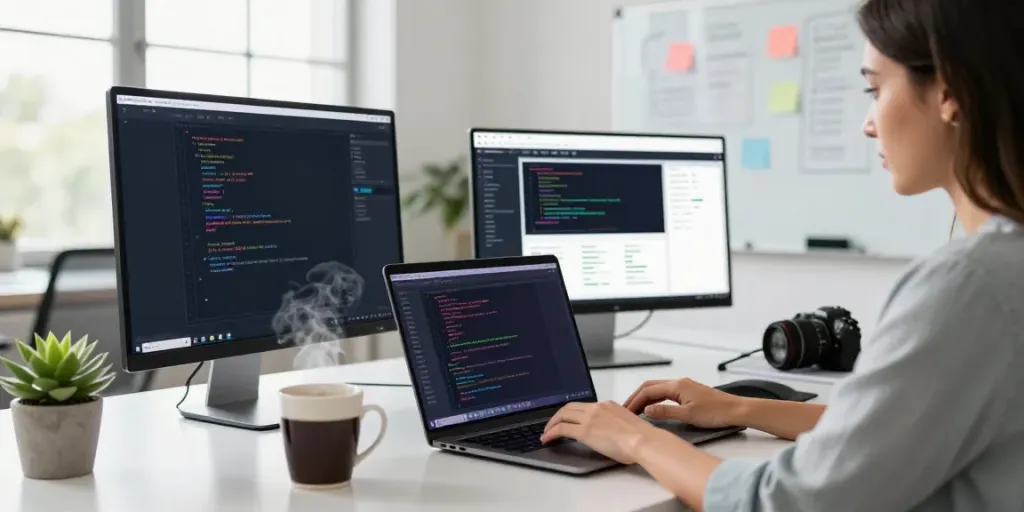 Developer optimizing website for instant indexing in a bright tech workspace.