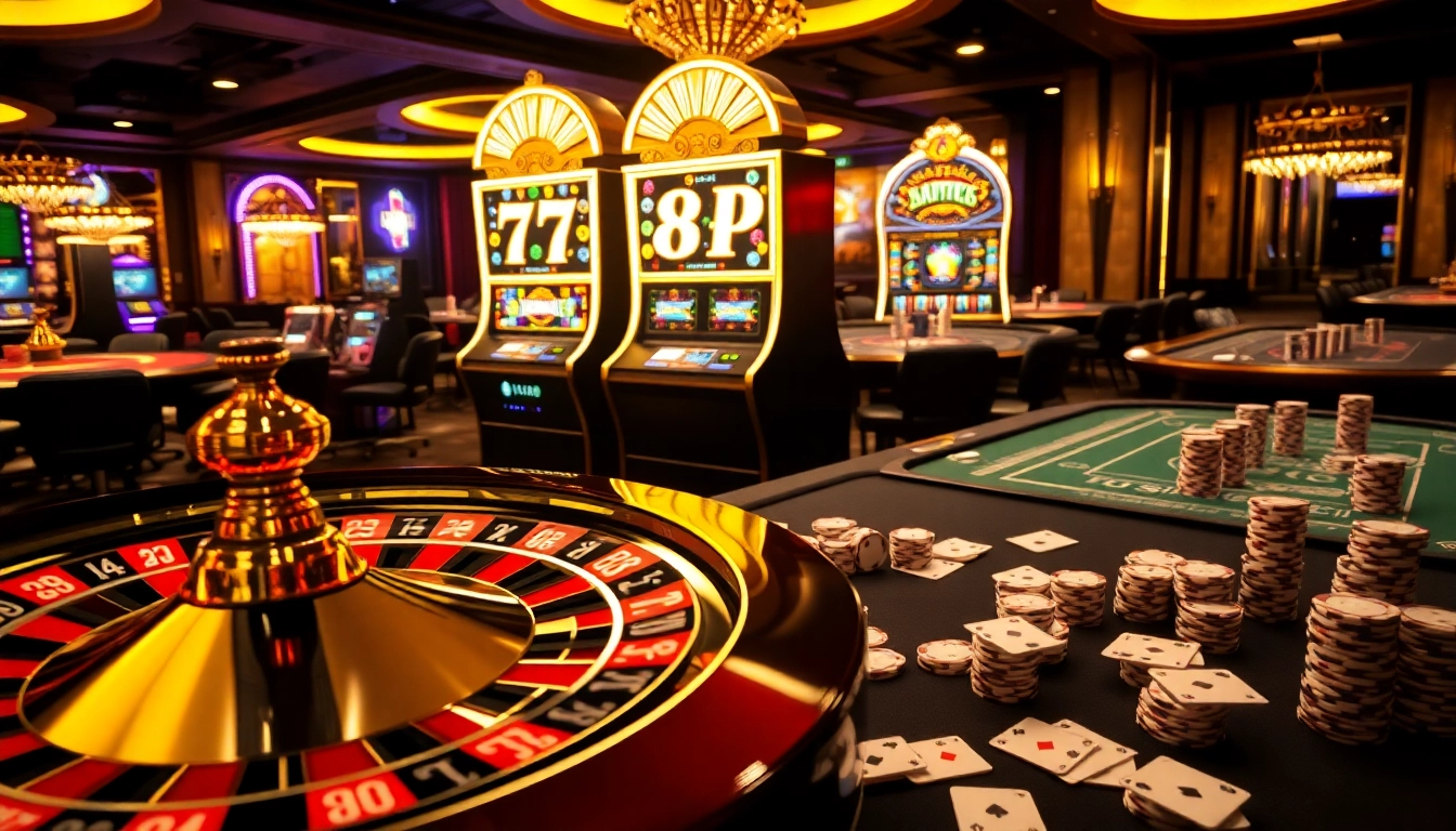 Exciting casino scene featuring 789P, roulette wheel, and vibrant slot machines.
