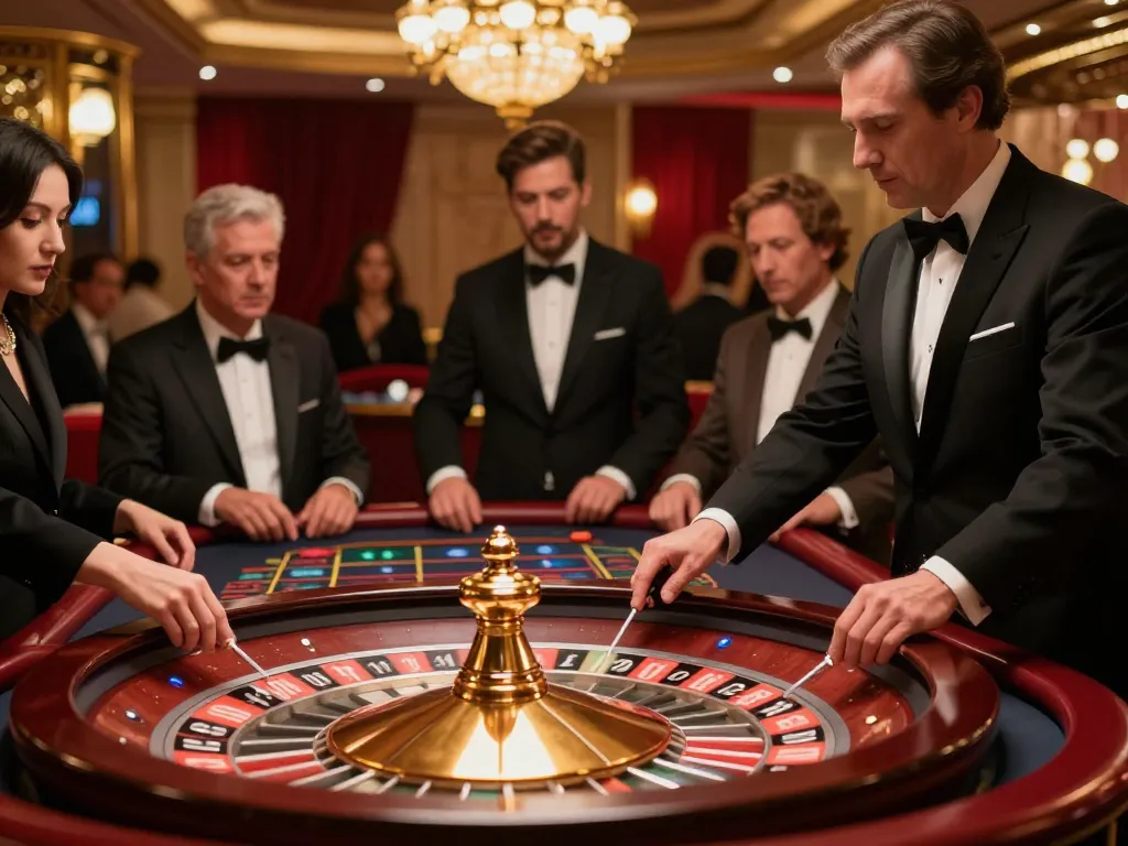 Tỷ lệ kèo nhà cái seen as players strategize while placing bets at a roulette table in a luxurious casino.