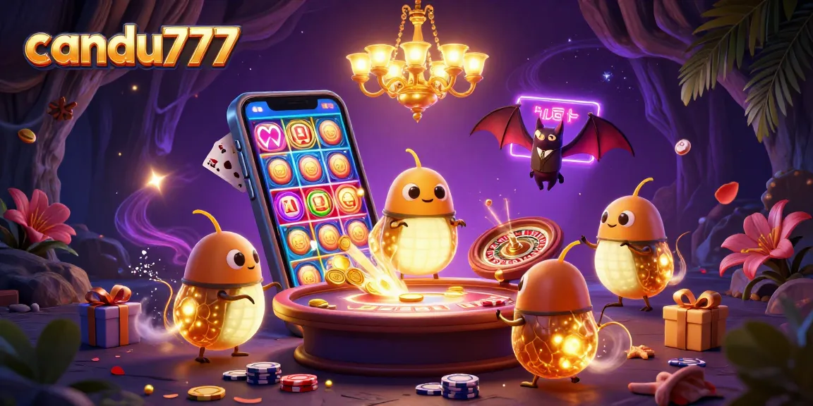 Play on candu777 with vibrant casino illustrations featuring glowing characters and exciting games.