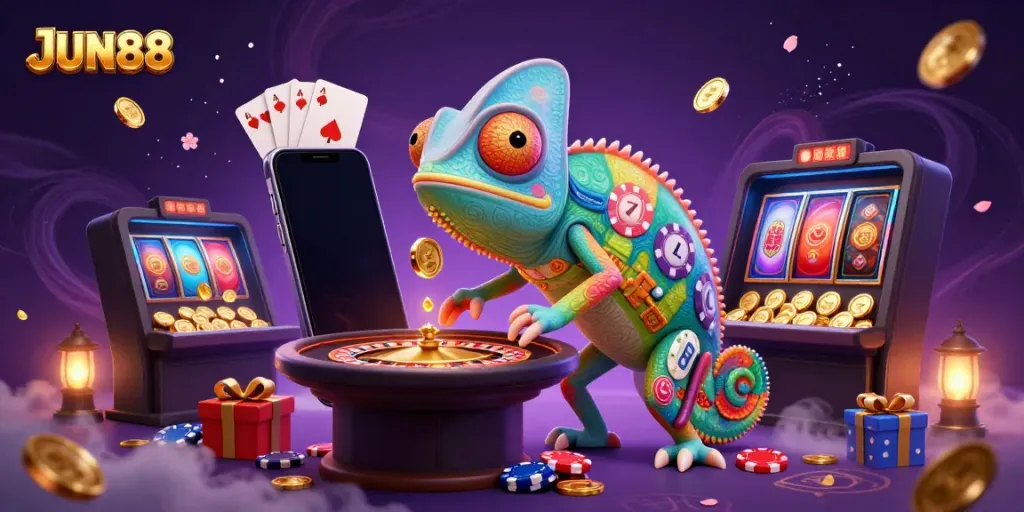 Experience thrilling gaming at JUN88 with a 3D chameleon casino owner and vibrant game elements.