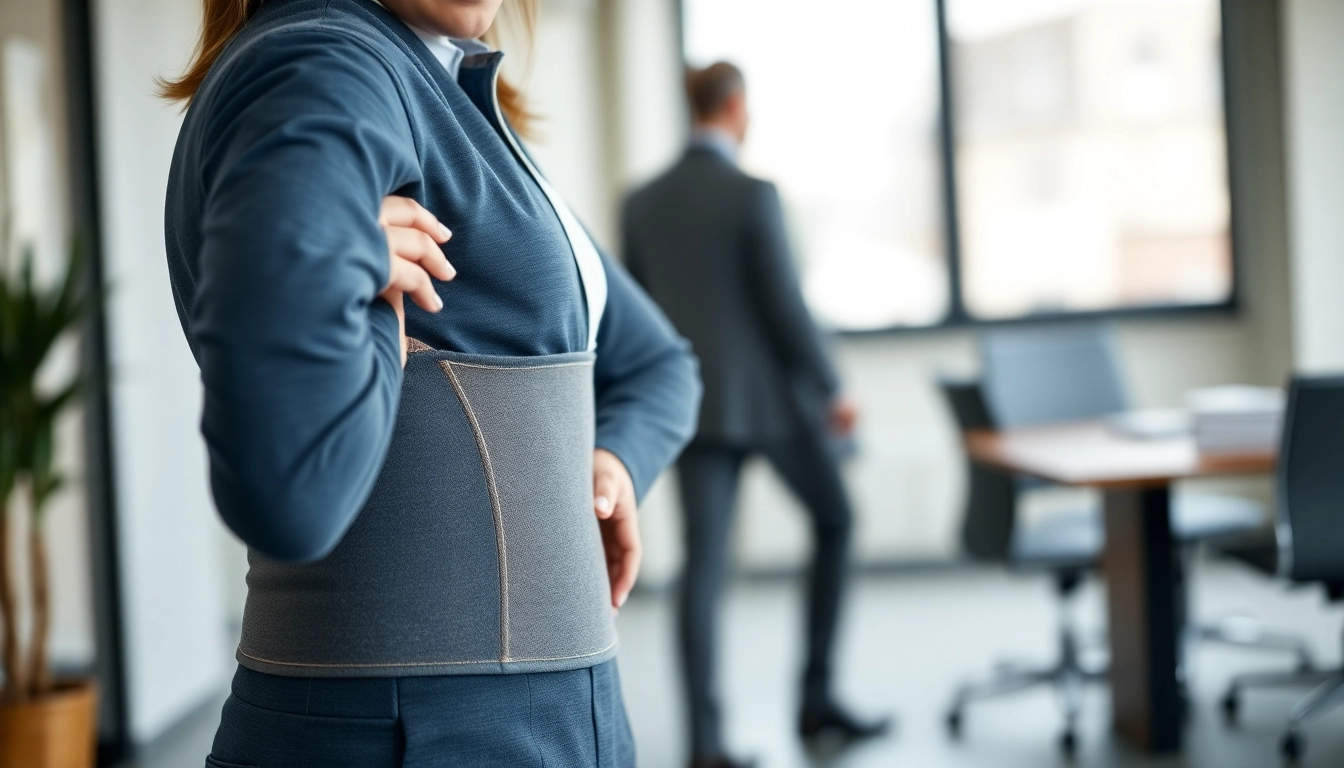 Wearing a posture garment, a person improves their posture in a modern office setting.