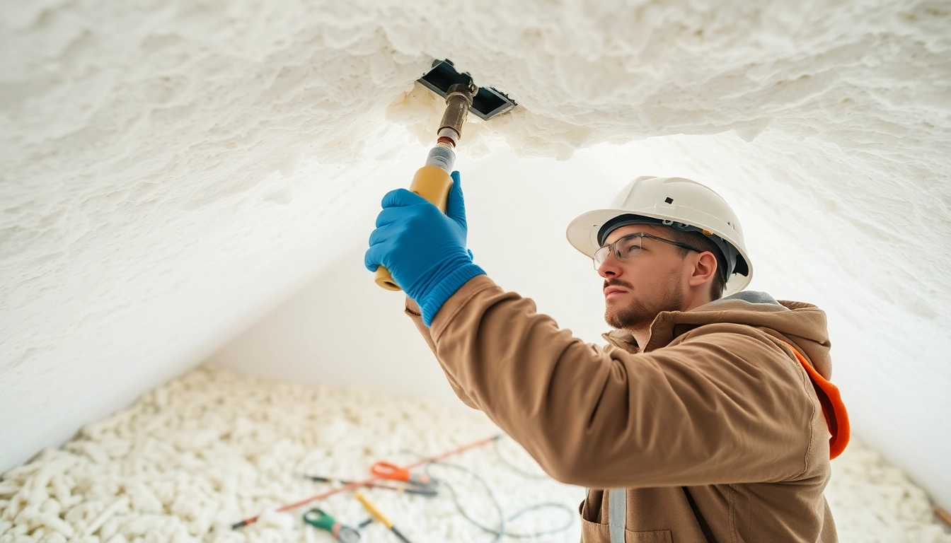 Spray foam insulation removal contractor carefully working in an attic environment.