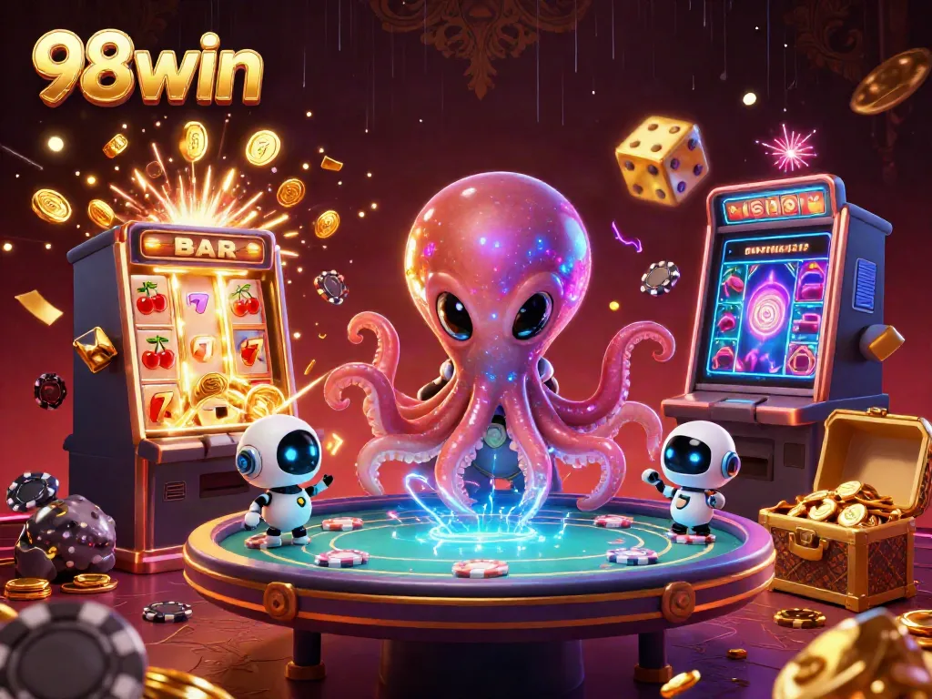 Engage with 98win's thrilling casino scene featuring an alien octopus at a holographic poker table among dazzling slot machine explosions and vibrant game elements.