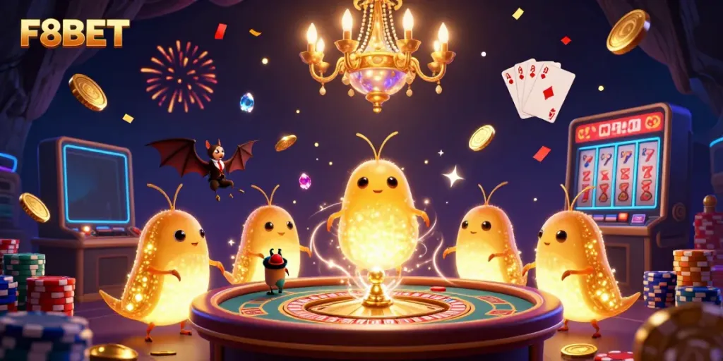 Experience the vibrant glow of F8BET’s casino with bioluminescent glowworms illuminating the scene.