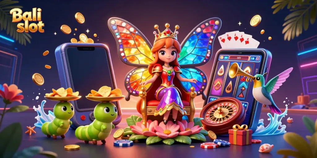 Bali slot illustration featuring a butterfly queen and casino elements for engaging gameplay.