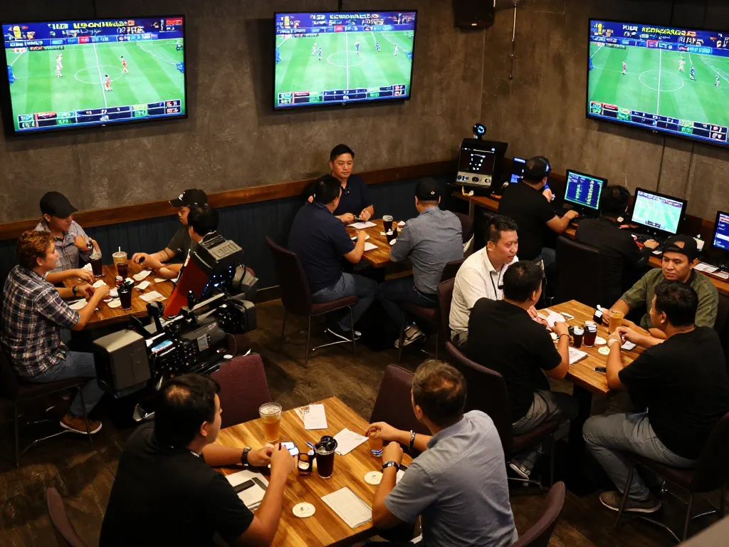 Sports enthusiasts engaging in betting strategies at Keonhacai5, surrounded by live game screens creating an exciting atmosphere.