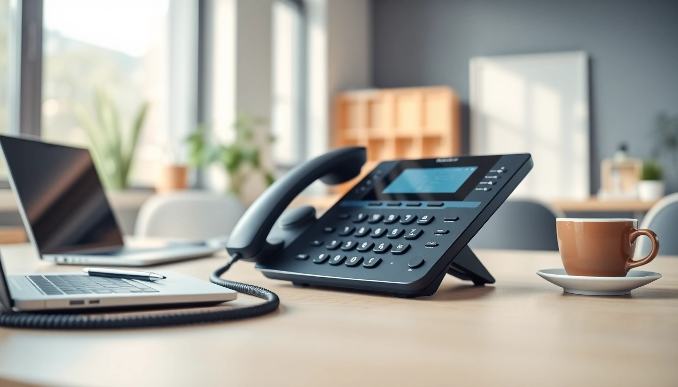 Showcase a small business phone systems setup in a modern office, featuring sleek design and bright ambiance.