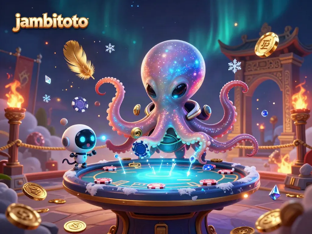 Experience thrilling poker with jambitoto as a cartoon alien octopus and robot fill the scene.