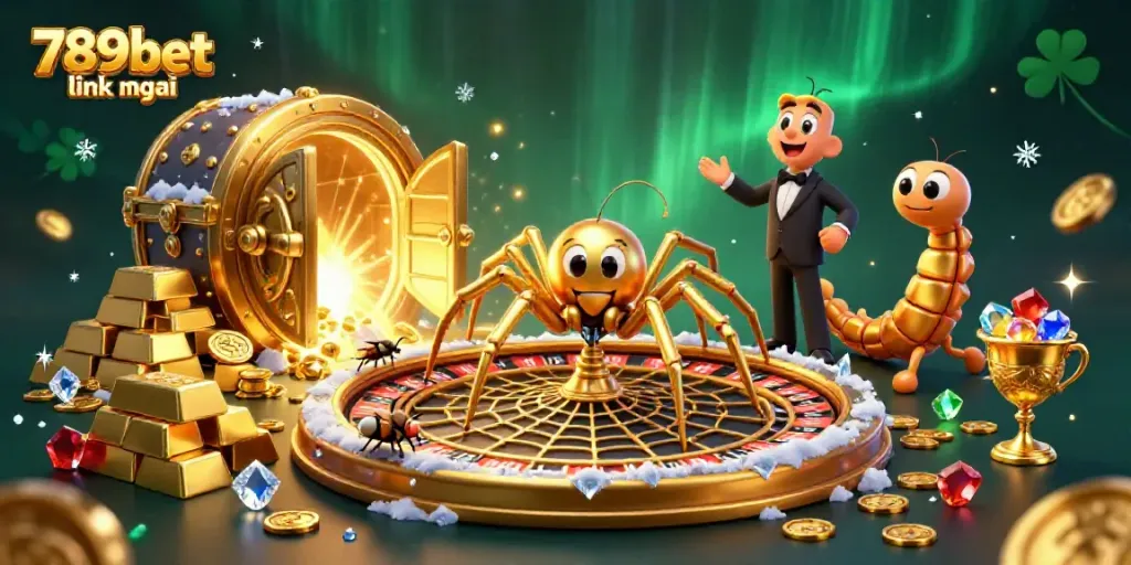 Experience the thrill of 789bet link mới with this vibrant 3D casino scene featuring a golden spider and treasures.