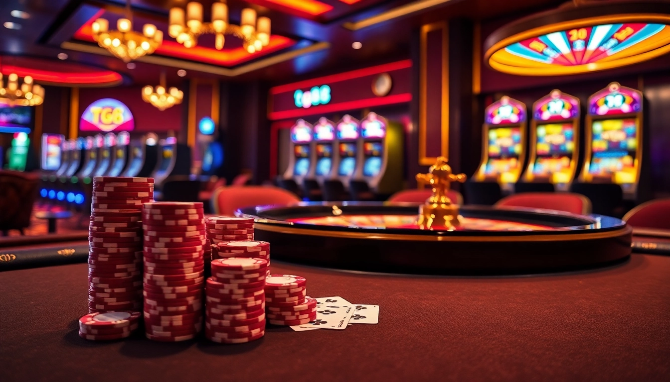 Engaging tg88 casino scene with poker chips and roulette wheel, highlighting excitement and strategy.