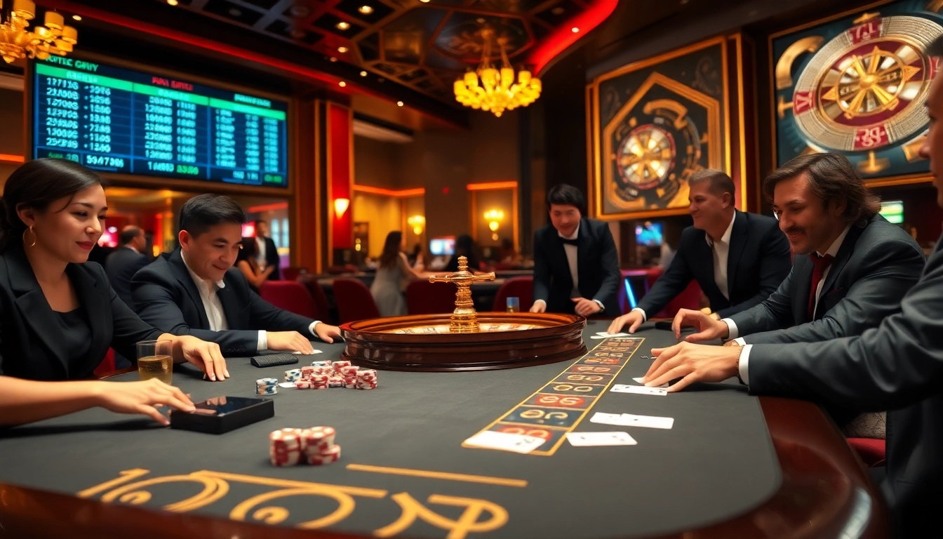 Engaging scene of gamblers at a luxurious casino table showing tỷ lệ nhà cái prominently, capturing excitement and strategy.