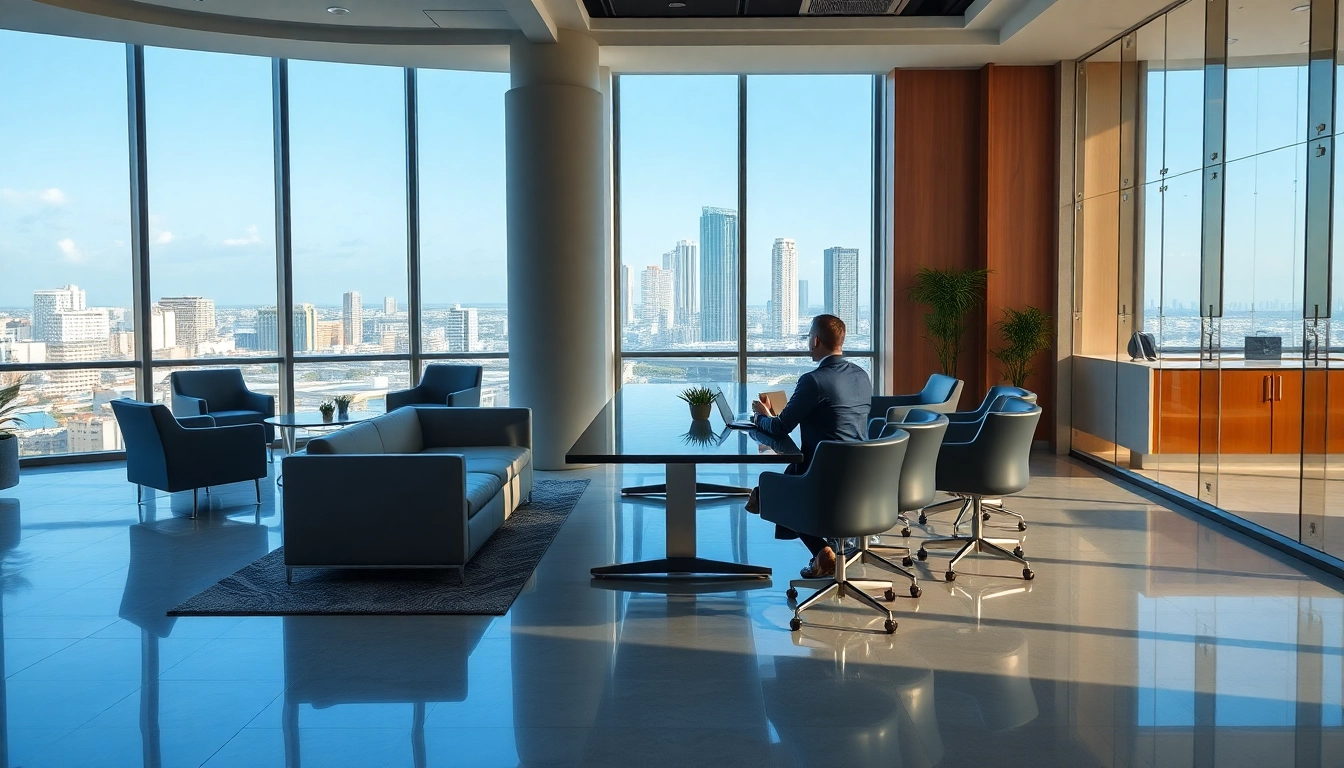 The law firm in the US, Malescu Law, showcased in a modern Miami office setting with professional atmosphere.